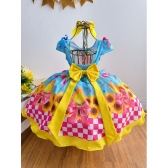 Vestido Infantil Junino Luxo Azul Girassol Colorido