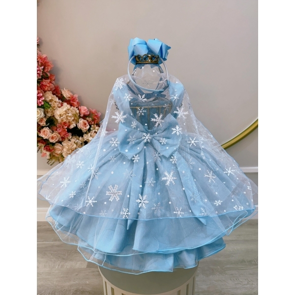 Vestido Infantil Azul Frozen Elsa Gelo C/ Capa de Luxo