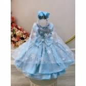 Vestido Infantil Azul Frozen Elsa Gelo C/ Capa de Luxo