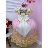 Vestido Infantil Marfim C/ Rosa Cinto Pérolas Renda Realeza