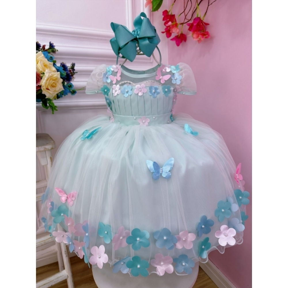 Vestido Infantil Verde Busto Plissado Com Flores Borboleta
