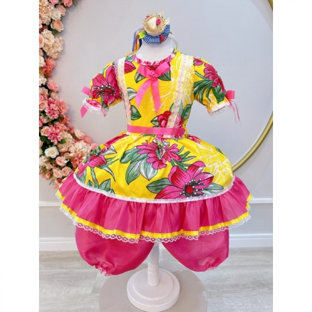 Fantasia Infantil Junino Amarelo Com Estampa Colorida Festa