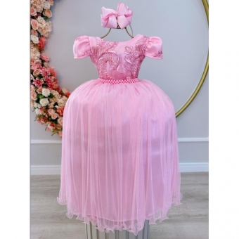 Vestido Infantil Rosa Realeza C/ Renda e Pérolas Damas