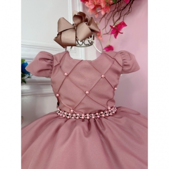 Vestido Infantil Rose Peito Nervura C/ Cinto de Pérolas Luxo