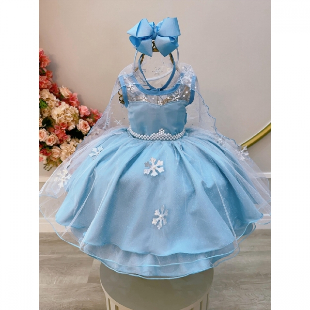Vestido Infantil Azul Frozen Elsa Gelo C/ Capa de Luxo