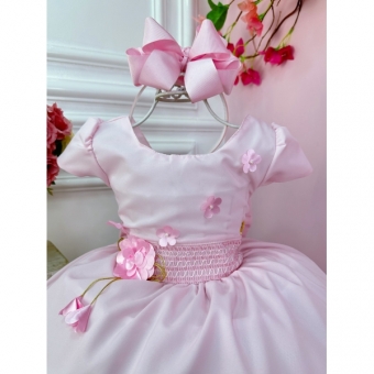 Vestido Infantil Rosa C/ Aplique de Flores e Broche Luxo