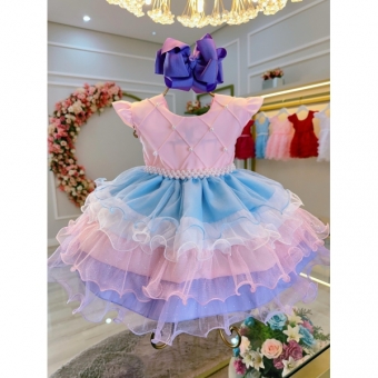 Vestido Bebê Rosa Busto Nervura Saia Babados Coloridos