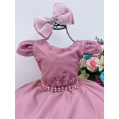 Vestido Infantil Rose Renda Damas Cinto Pérolas e Laço - Rose