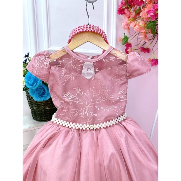 Vestido Infantil Damas Honra Casamento Rose C/ Renda Pérola