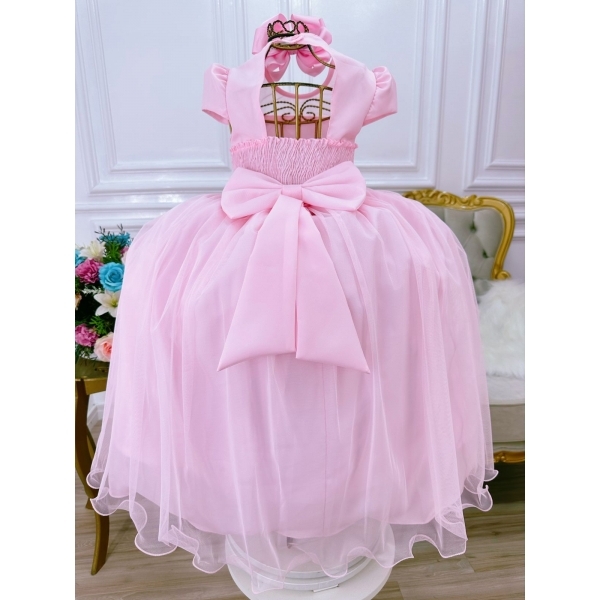 Vestido Infantil Rosa Bebê C/ Busto Nervura e Pérolas Damas