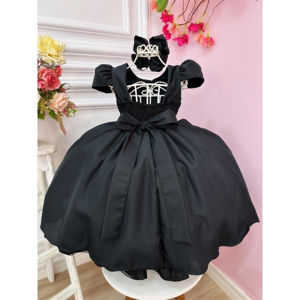 Vestido Infantil Preto C/ Cinto de Pérolas Casamentos