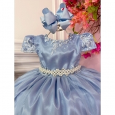 Vestido Infantil Azul C/ a Renda Realeza e Cinto de Pérolas