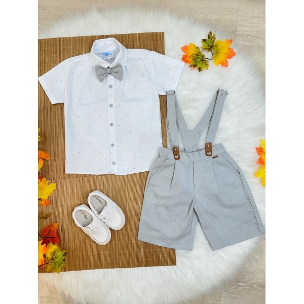 Conjunto Social Camisa Branca Com Short Gravata e Susp. Cinza
