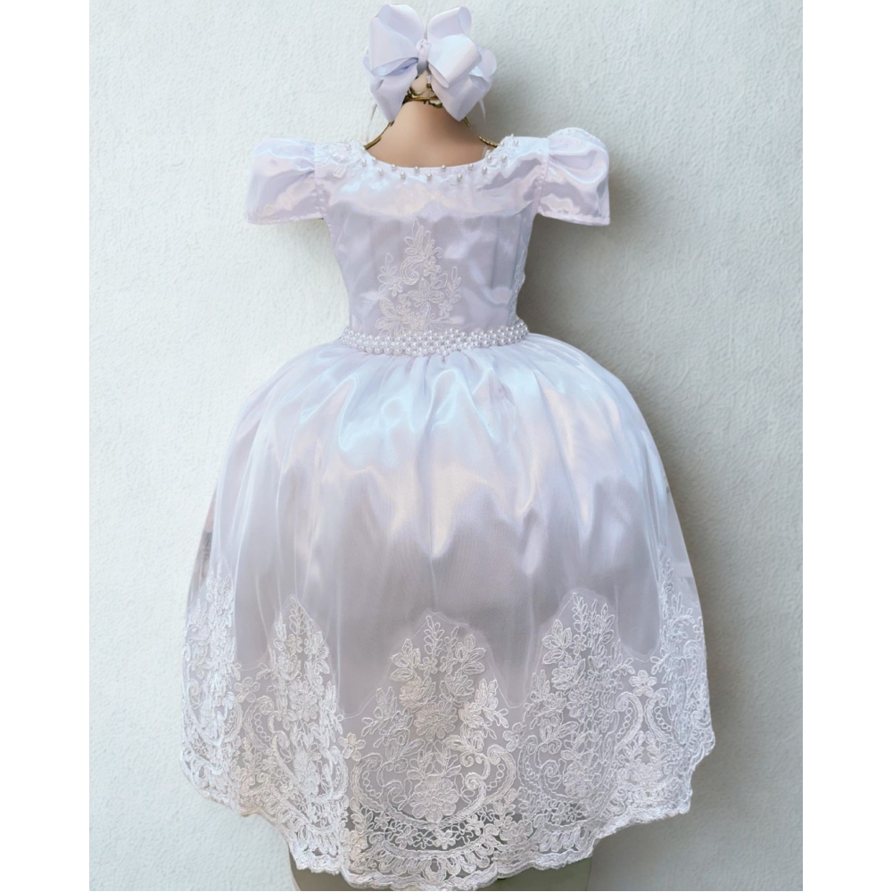 Vestido Infantil Branco C/ a Renda Realeza Daminhas