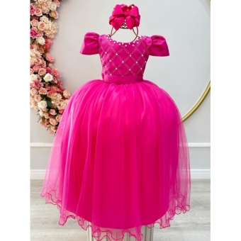 Vestido Infantil Longo Pink Com Strass e Pérolas Daminhas