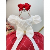 Vestido Infantil Marfim Busto Nervura e Saia Vermelha Festas