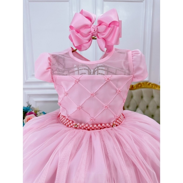 Vestido Infantil Rosa Bebê C/ Busto Nervura e Pérolas Damas