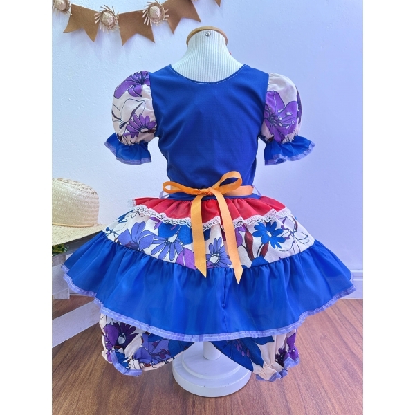 Fantasia Infantil Junino Azul e Vermelho Flores Coloridas