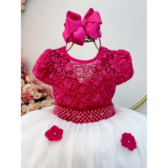 Vestido Infantil Pink Saia Off Busto C/ Renda Casamento Festa