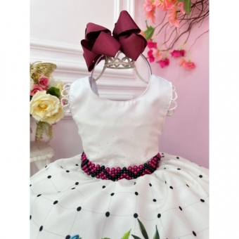 Vestido Infantil Off White Florido Marsala Busto Strass Festa