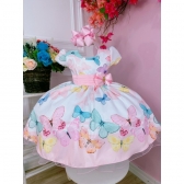 Vestido Infantil Branco C/ Borboletas Coloridas e Broche