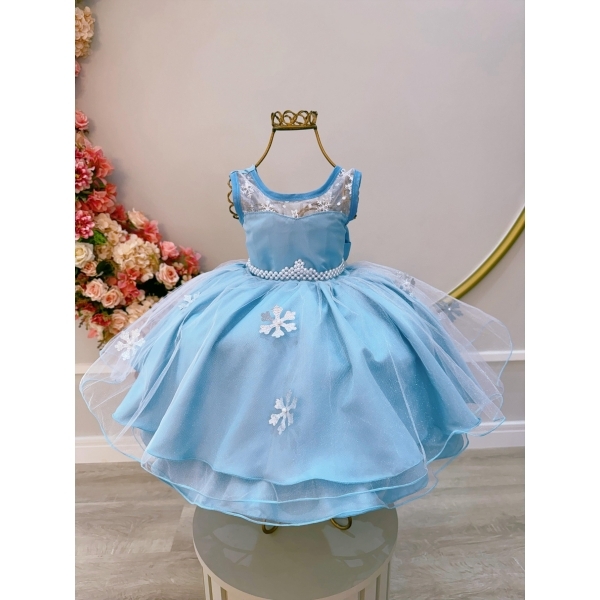 Vestido Infantil Azul Frozen Elsa Gelo C/ Capa de Luxo