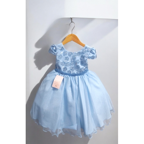 Vestido Infantil Azul Claro Saia C/ Glitter e Apliques Flores