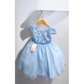 Vestido Infantil Azul Claro Saia C/ Glitter e Apliques Flores