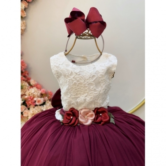 Vestido Infantil Off White Saia Marsala C/ Renda e Broche