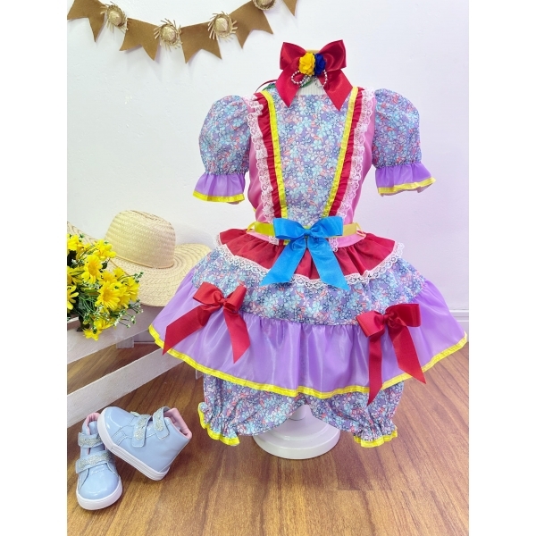 Fantasia Infantil Junino Rosa e Lilás Flores Coloridas