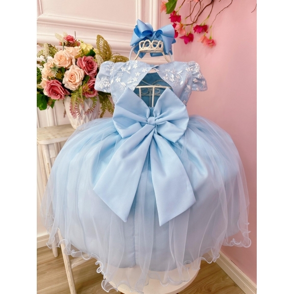 Vestido Infantil Azul Com Renda e Aplique de Flores Festas - Azul