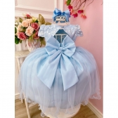 Vestido Infantil Azul Com Renda e Aplique de Flores Festas - Azul