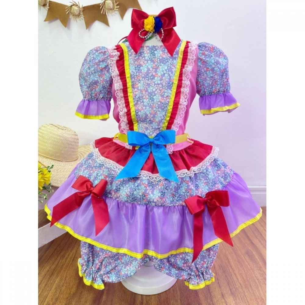 Fantasia Infantil Junino Rosa e Lilás Flores Coloridas