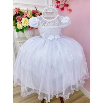 Vestido Infantil Branco Damas C/ Renda e Aplique de Flores