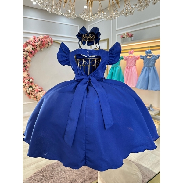 Vestido Infantil Azul Royal Busto Nervura Com Pérolas Festas - Azul Royal