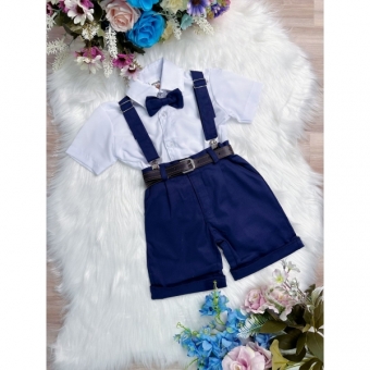 Conjunto Social Short Susp. Gravata Azul Marinho Camisa