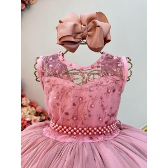 Vestido Infantil Longo Rose C/ Renda e Pérolas Damas