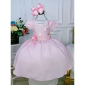 Vestido Infantil Rosa C/ Aplique de Flores e Broche Luxo