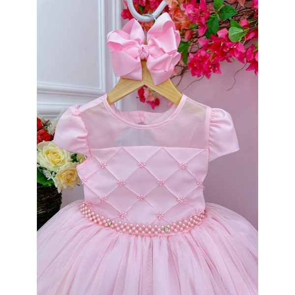 Vestido Infantil Rosa Bebê C/ Busto Nervura e Pérolas Damas