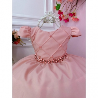 Vestido Infantil Rosa Chá Busto Nervura C/ Cinto de Pérolas
