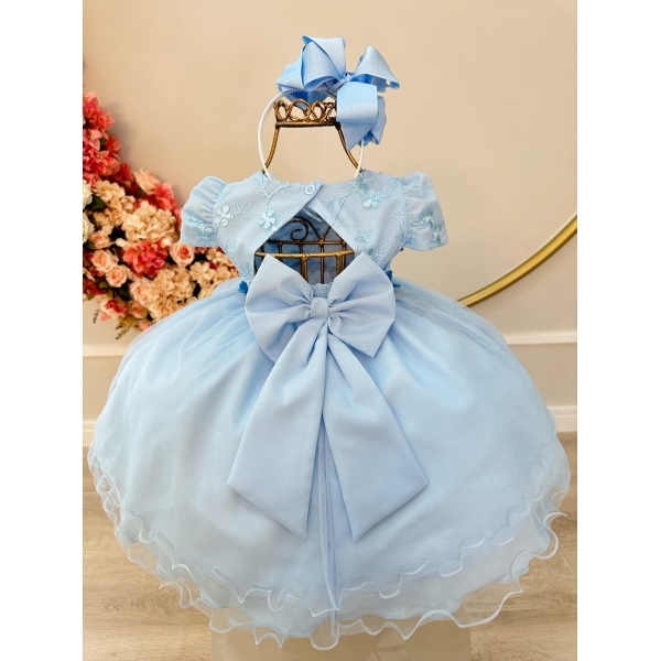 Vestido Infantil Bebê Azul C/ Renda Jardim Encantado Festa
