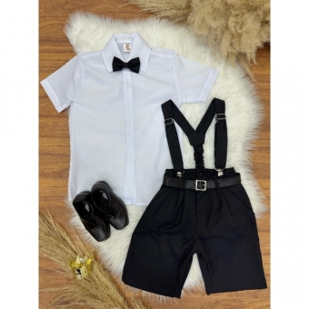 Conjunto Social Camisa Susp.Gravata e Short Preto