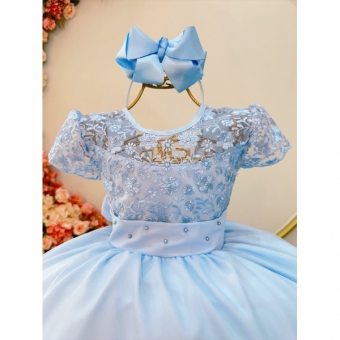 Vestido Infantil Azul Claro Busto C/ Renda Damas Longo Luxo