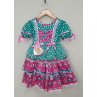 Vestido Junino Arraiá Festas Verde com Saia Colorida