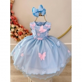 Vestido Infantil Bebê Azul C/ Aplique de Borboletas e Flores
