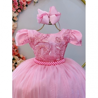 Vestido Infantil Rosa Realeza C/ Renda e Pérolas Damas