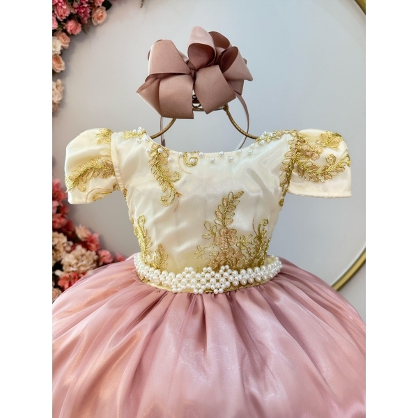 Vestido Infantil Marfim C/ Rose Pérolas Renda Realeza