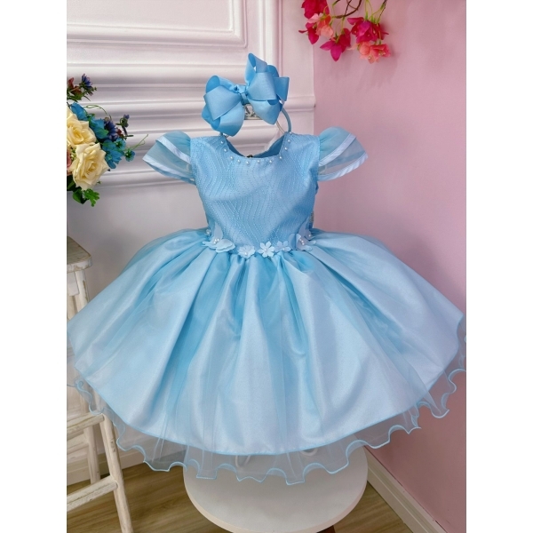 Vestido Infantil Azul C/ Aplique Flores Borboletas e Renda