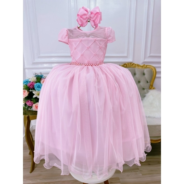 Vestido Infantil Rosa Bebê C/ Busto Nervura e Pérolas Damas