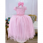 Vestido Infantil Rosa Bebê C/ Busto Nervura e Pérolas Damas